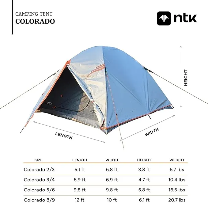 NTK Colorado GT 2/4/6/8 Person Outdoor Dome Family Camping Tent 100% Waterproof, Easy Assembly, Durable Fabric Full Coverage Rainfly - Micro Mosquito Mesh