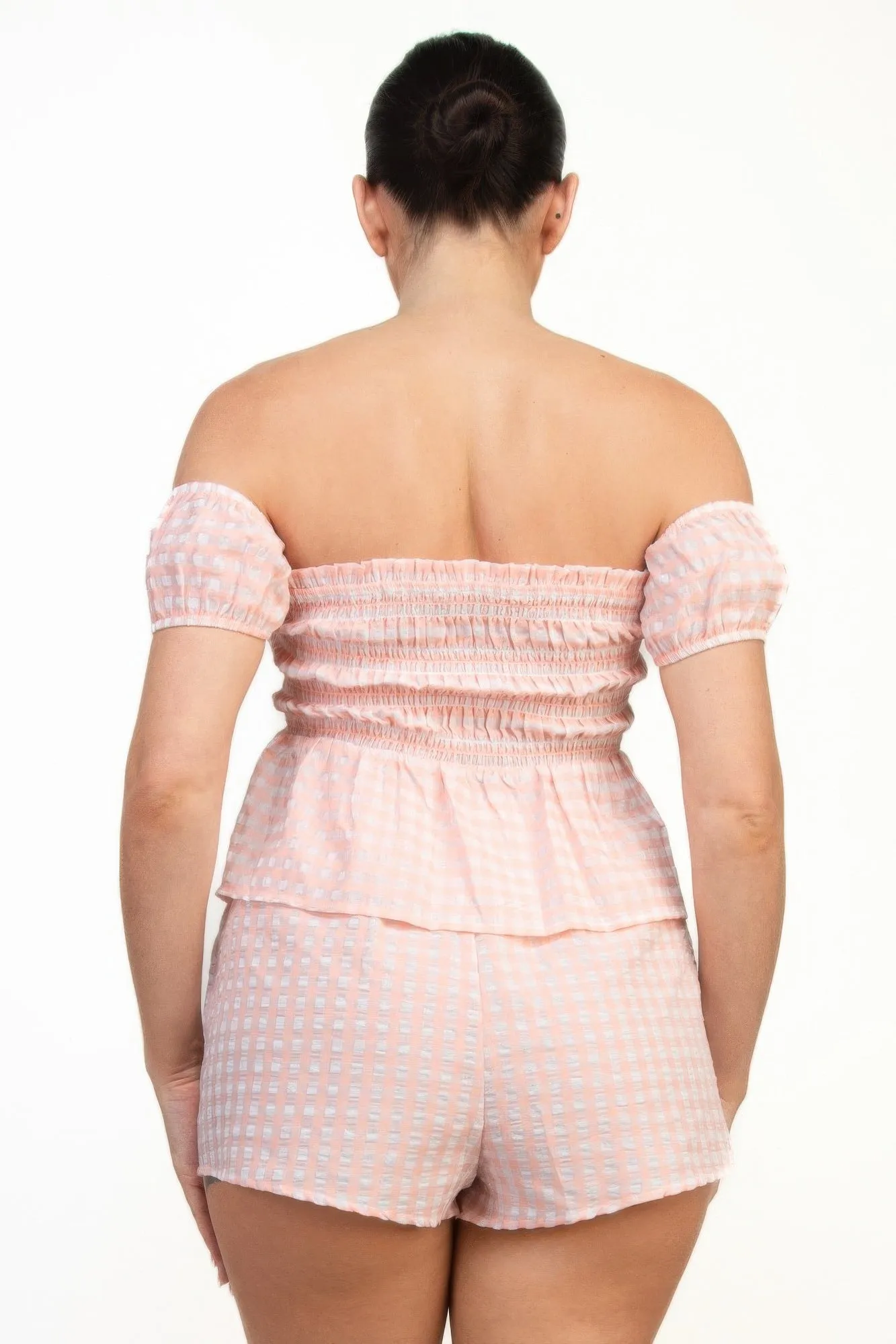 Off-shoulder Smock Gingham Top & Mini Short Sets