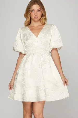 Off White Crinkle Woven V-Neck Balloon Sleeve Mini Dress