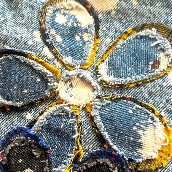 Oli &amp; Hali Blue Jean Shorts with Distressed Hem and Floral Design