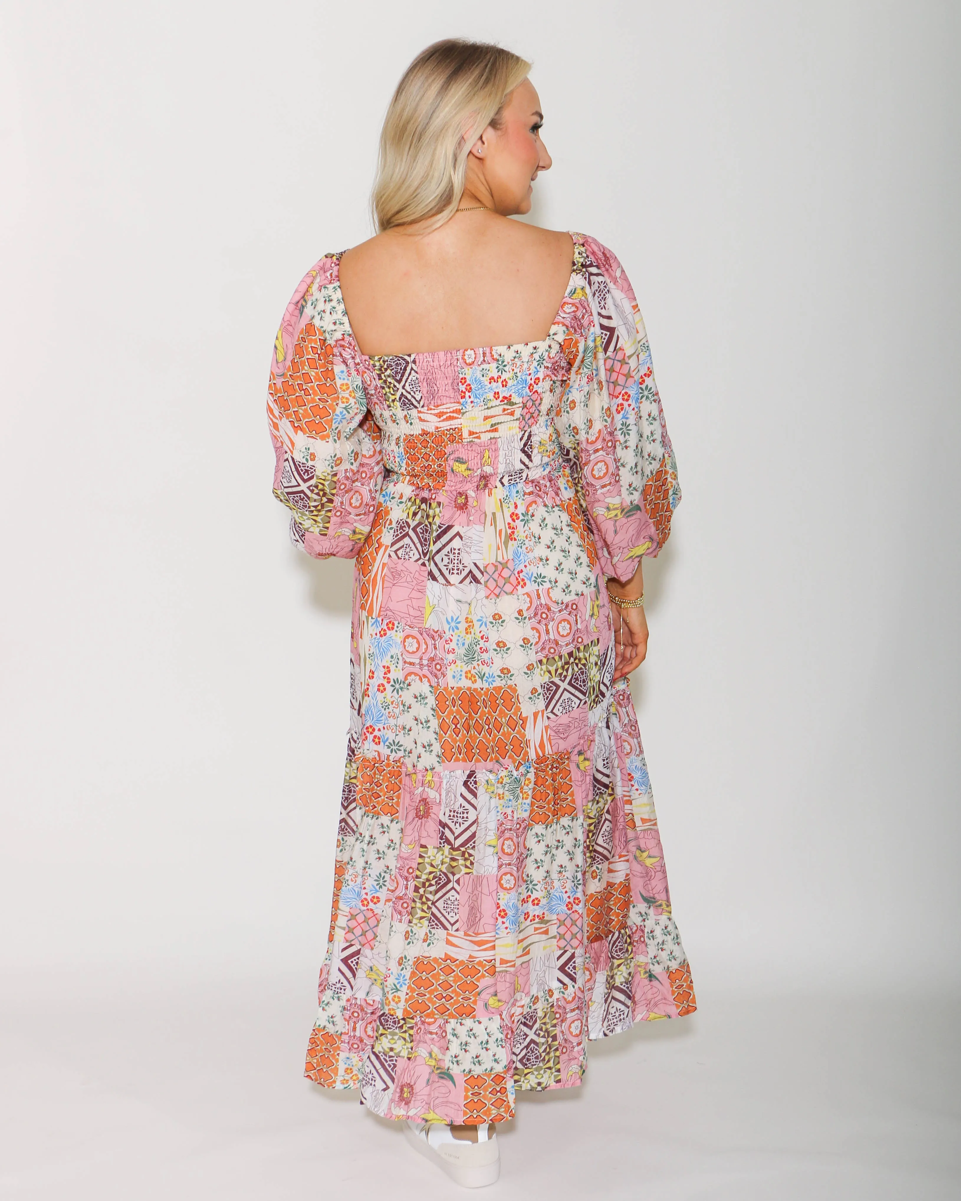 Patchwork Print Smocked Bodice Square Neck Midi Dress