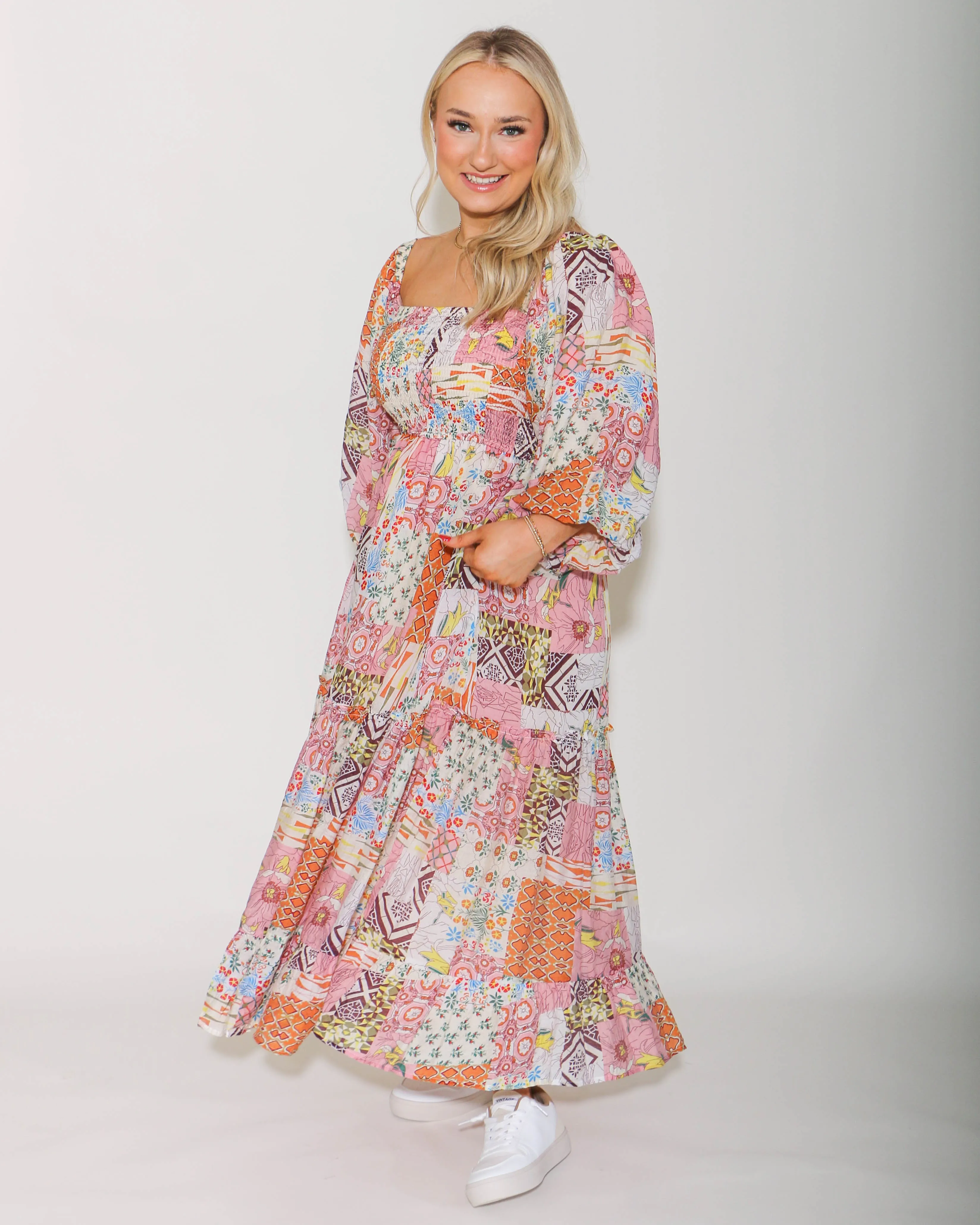 Patchwork Print Smocked Bodice Square Neck Midi Dress
