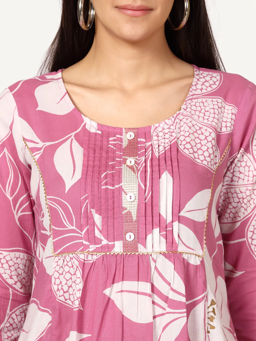 Pink Cotton Floral Printed Kurta with Pleats