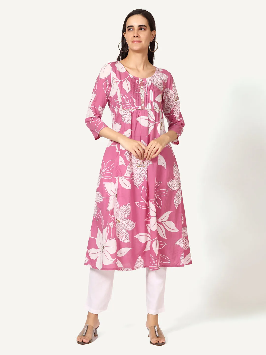 Pink Cotton Floral Printed Kurta with Pleats