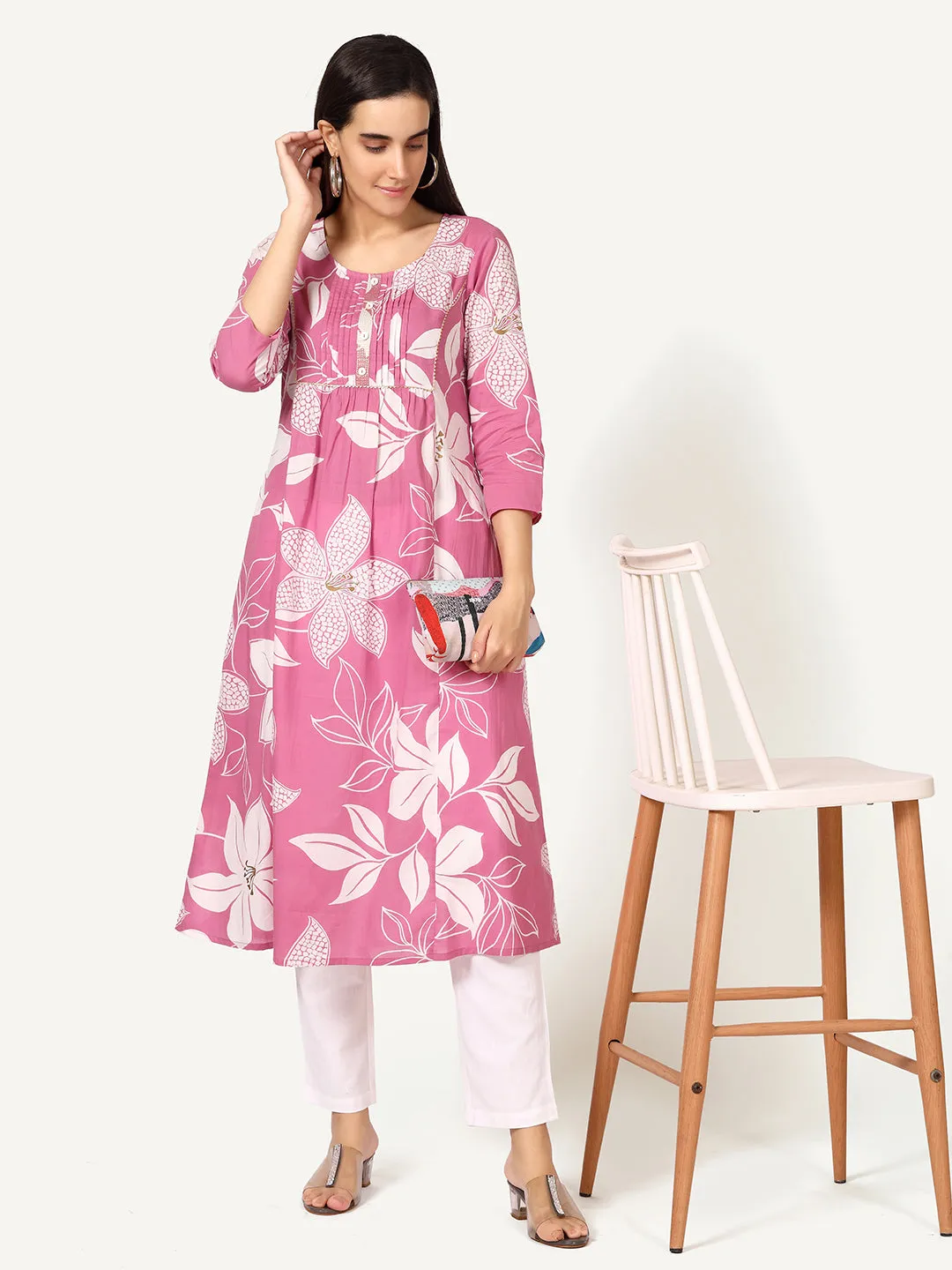 Pink Cotton Floral Printed Kurta with Pleats