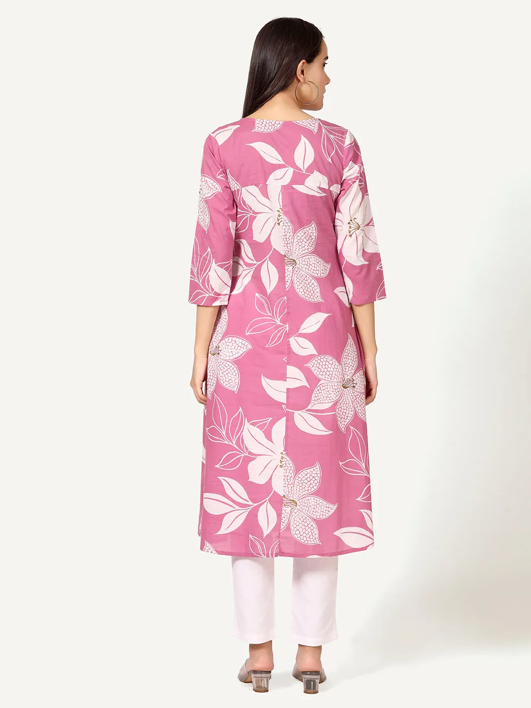 Pink Cotton Floral Printed Kurta with Pleats