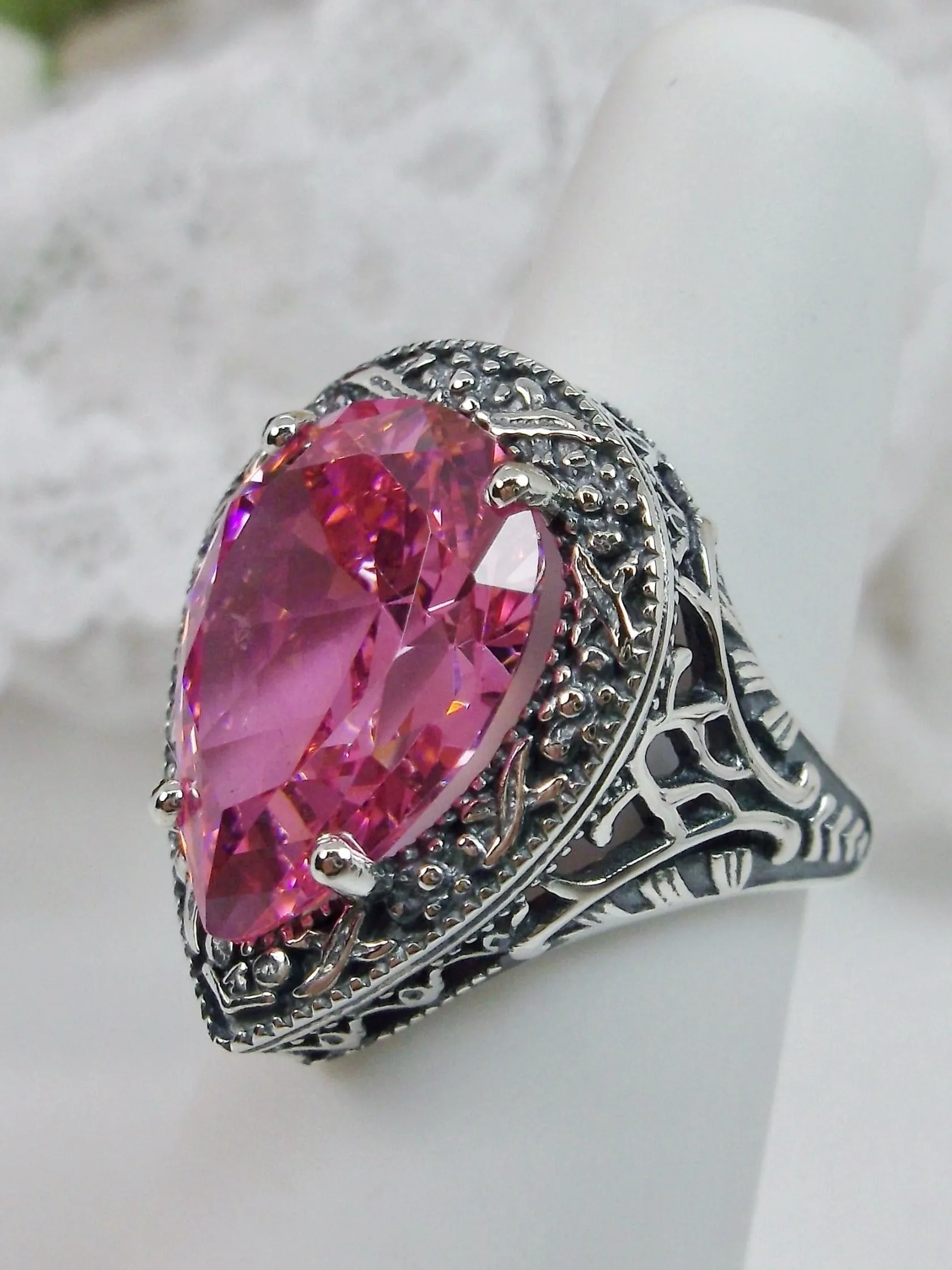 Pink CZ Ring, Teardrop Gem, Victorian Jewelry Design#D28