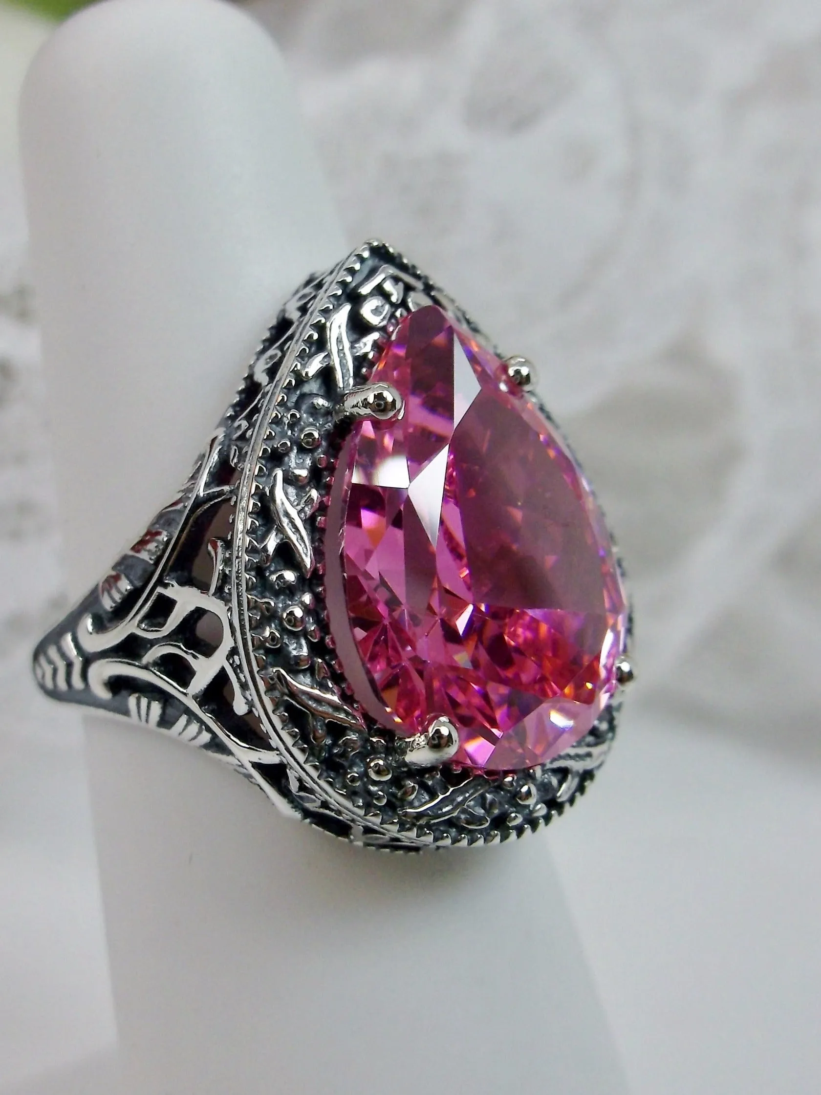 Pink CZ Ring, Teardrop Gem, Victorian Jewelry Design#D28