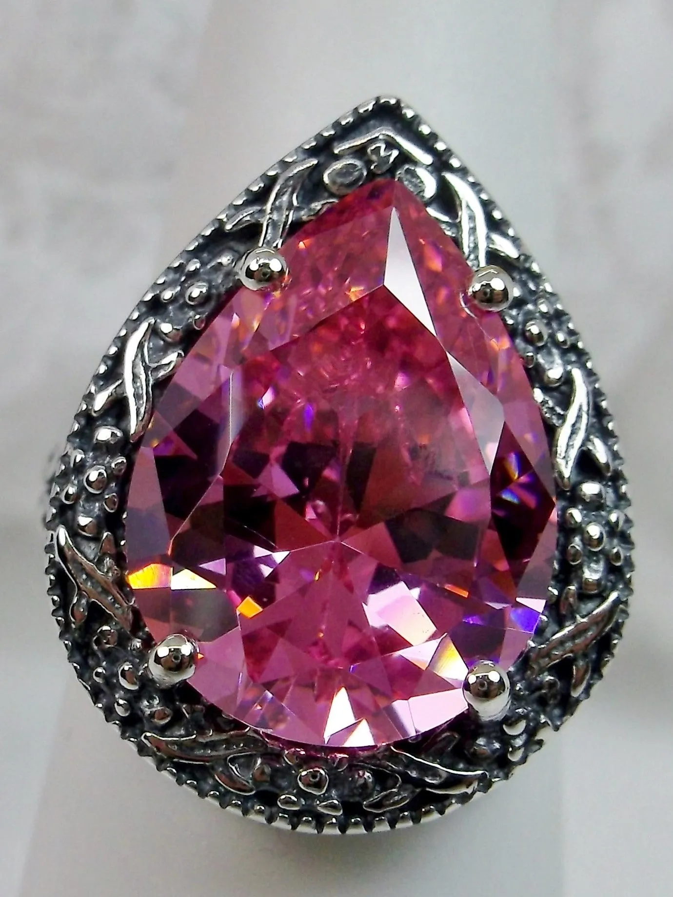 Pink CZ Ring, Teardrop Gem, Victorian Jewelry Design#D28