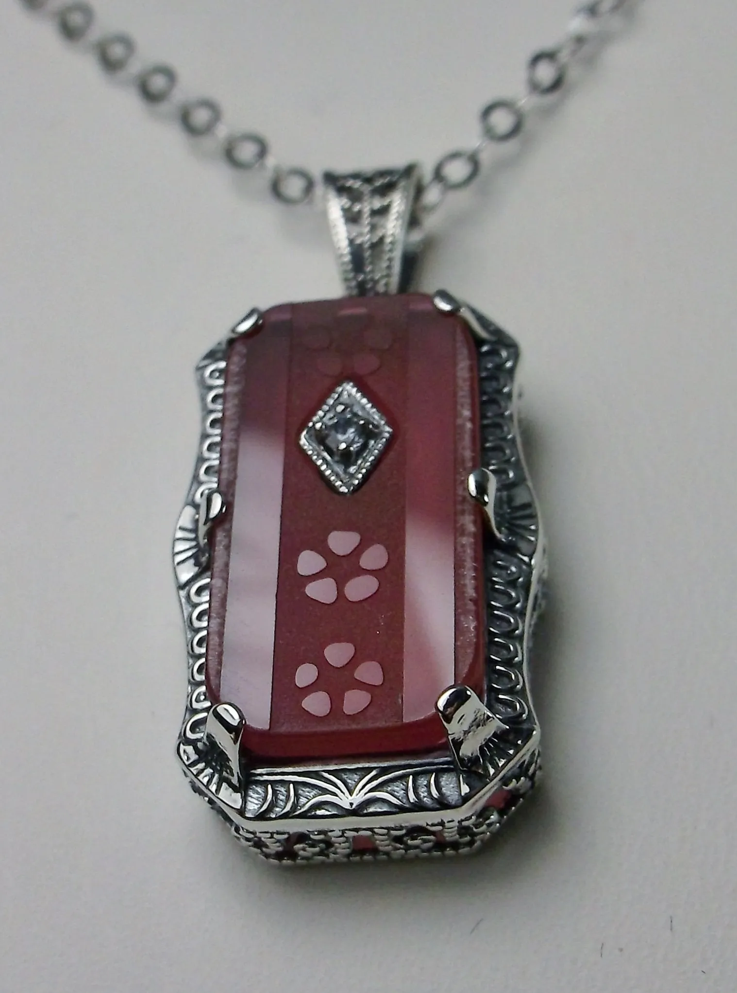 Pink Pendant, Camphor Glass Necklace, Art Deco Jewelry #P232