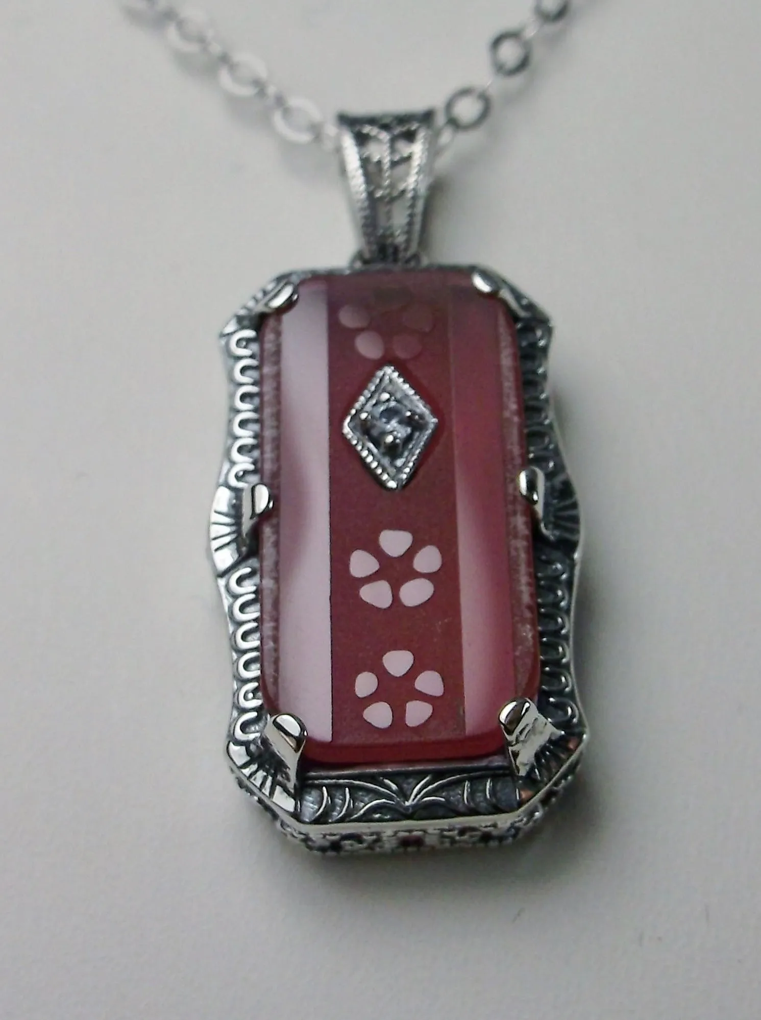 Pink Pendant, Camphor Glass Necklace, Art Deco Jewelry #P232