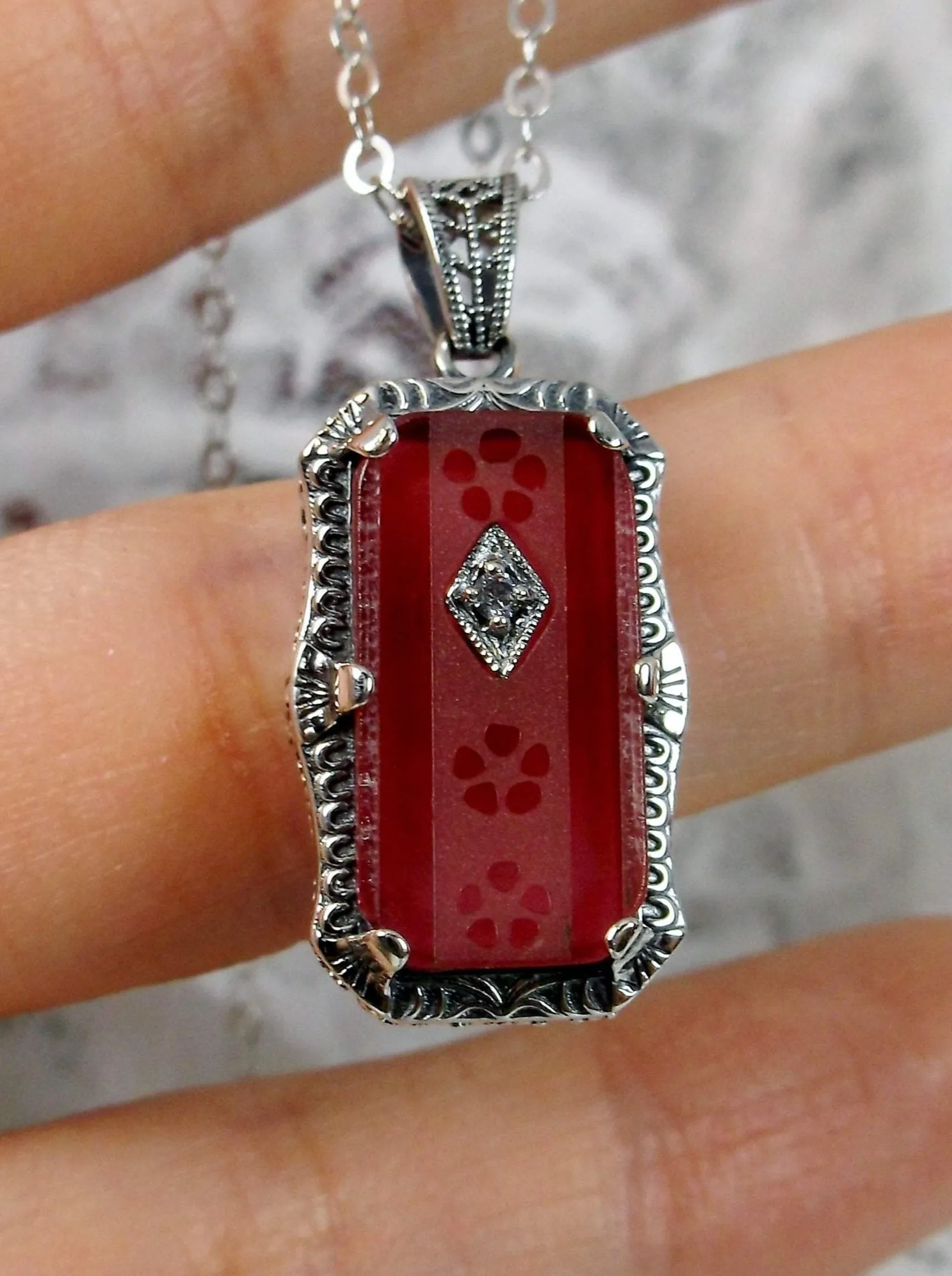 Pink Pendant, Camphor Glass Necklace, Art Deco Jewelry #P232