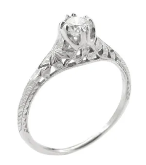 Platinum Art Deco Filigree Flowers and Wheat Engraved 0.36 Carat Diamond Solitaire Engagement Ring