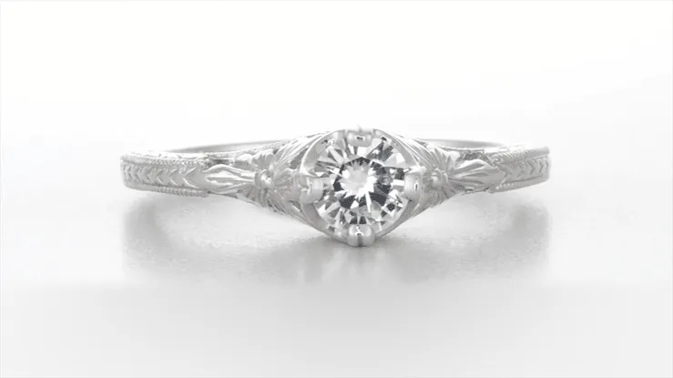 Platinum Art Deco Filigree Flowers and Wheat Engraved 0.36 Carat Diamond Solitaire Engagement Ring