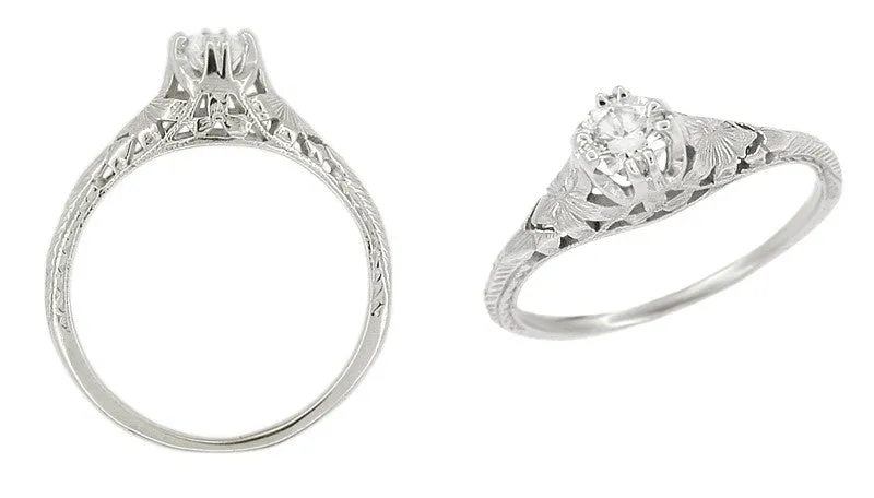 Platinum Art Deco Filigree Flowers and Wheat Engraved 0.36 Carat Diamond Solitaire Engagement Ring