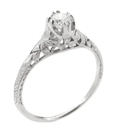 Platinum Art Deco Filigree Flowers and Wheat Engraved 0.36 Carat Diamond Solitaire Engagement Ring