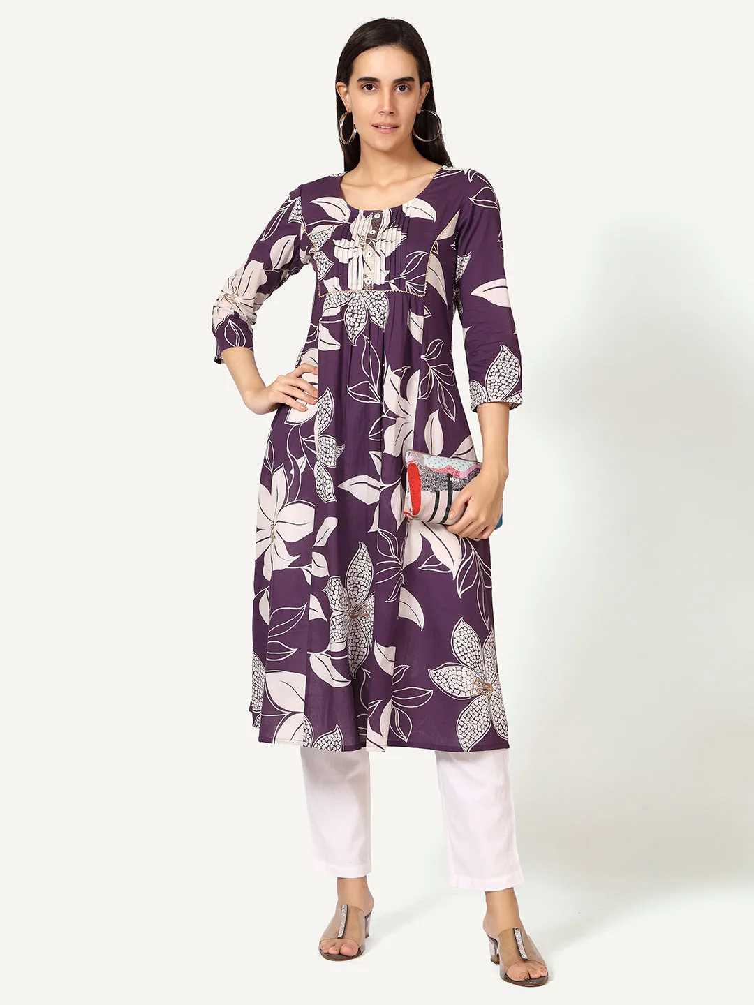 Purple Cotton Floral Printed Kurta with Pleats