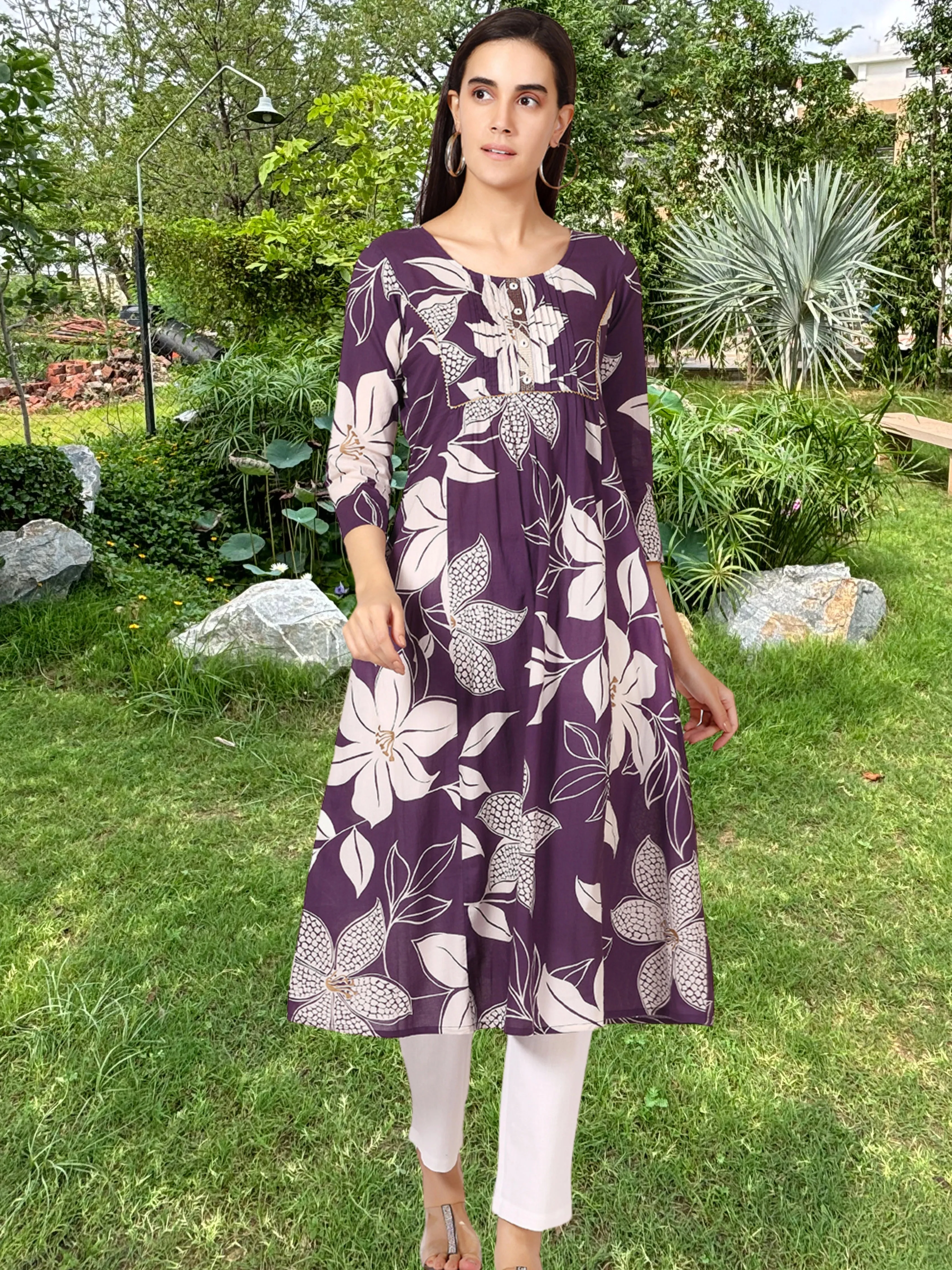 Purple Cotton Floral Printed Kurta with Pleats