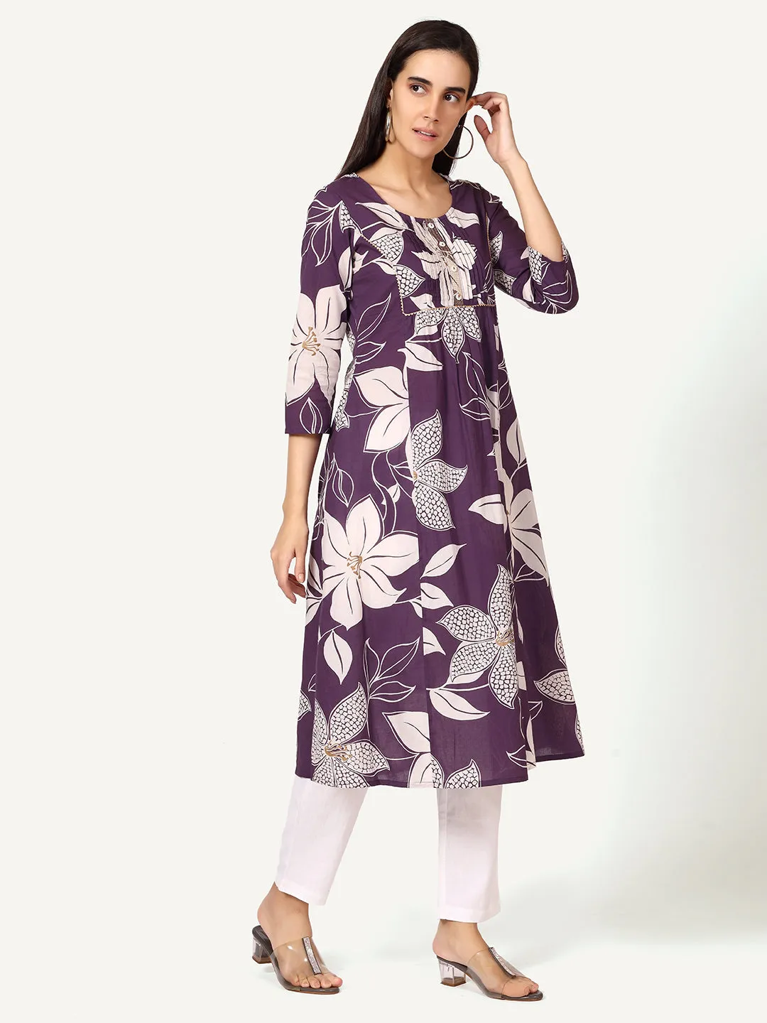 Purple Cotton Floral Printed Kurta with Pleats