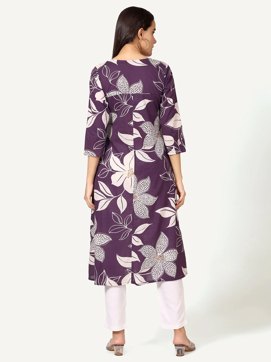 Purple Cotton Floral Printed Kurta with Pleats