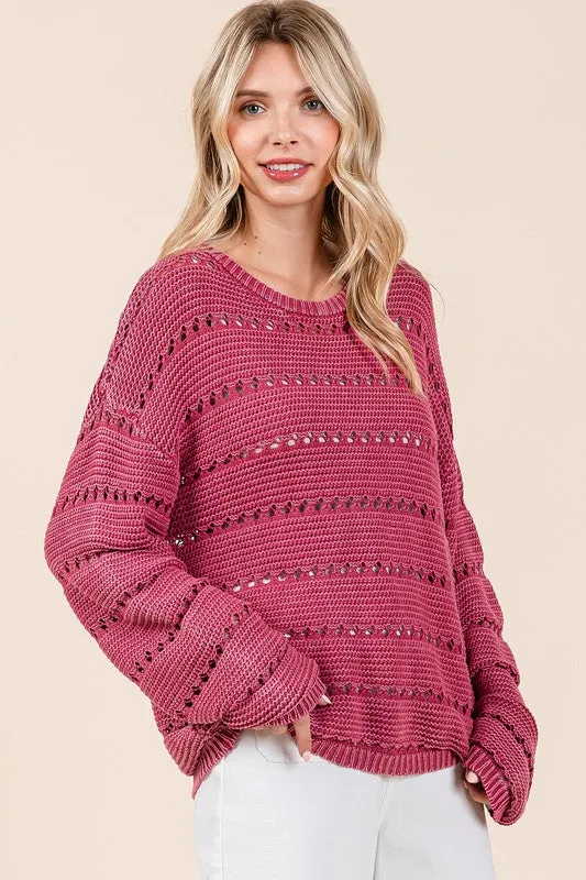 Raspberry Color Openwork Round Neck Drop Shoulder Sweater