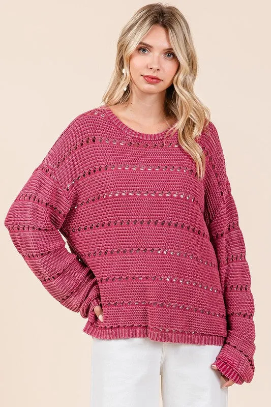 Raspberry Color Openwork Round Neck Drop Shoulder Sweater