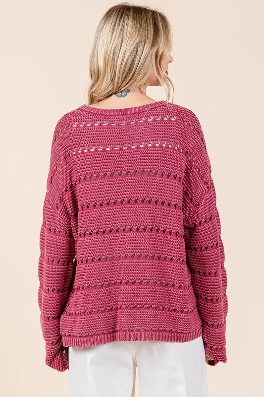 Raspberry Color Openwork Round Neck Drop Shoulder Sweater