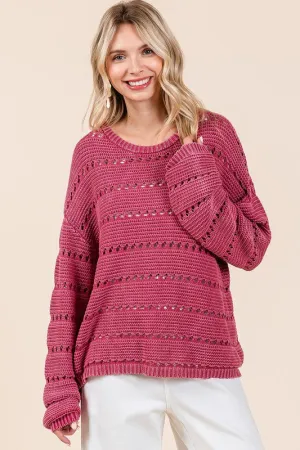 Raspberry Color Openwork Round Neck Drop Shoulder Sweater