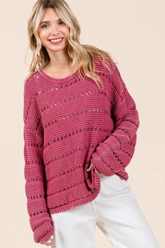 Raspberry Color Openwork Round Neck Drop Shoulder Sweater