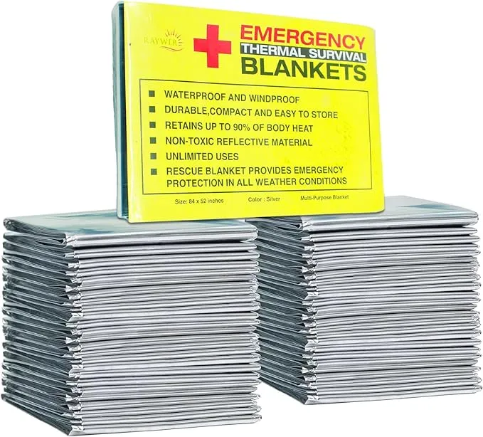 Rawyer (10 Pack) Emergency Thermal Survival Blankets, Mylar Blankets for Outdoor, Camping, Hiking, Survival in Harsh Weather, Large Silver Thermal Sheets, Heavy Duty Survival Gear (10, 84x52)