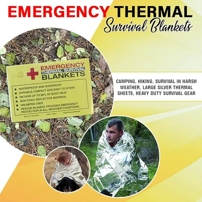Rawyer (10 Pack) Emergency Thermal Survival Blankets, Mylar Blankets for Outdoor, Camping, Hiking, Survival in Harsh Weather, Large Silver Thermal Sheets, Heavy Duty Survival Gear (10, 84x52)