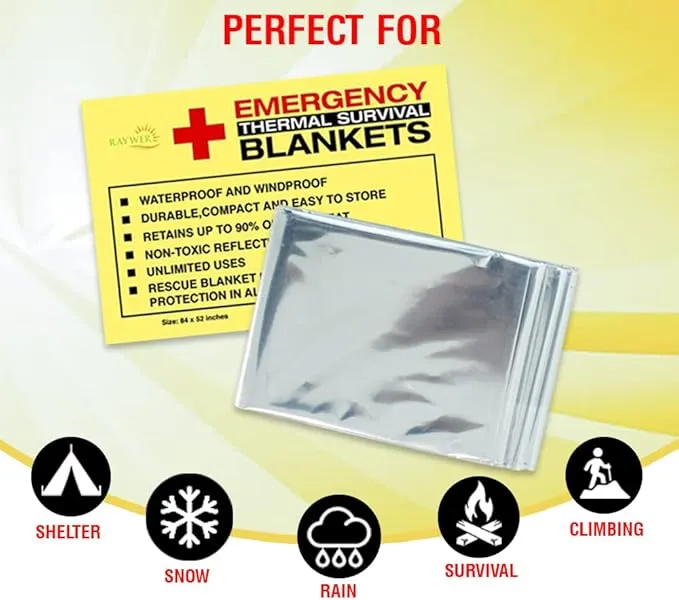 Rawyer (10 Pack) Emergency Thermal Survival Blankets, Mylar Blankets for Outdoor, Camping, Hiking, Survival in Harsh Weather, Large Silver Thermal Sheets, Heavy Duty Survival Gear (10, 84x52)