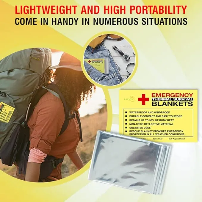 Rawyer (10 Pack) Emergency Thermal Survival Blankets, Mylar Blankets for Outdoor, Camping, Hiking, Survival in Harsh Weather, Large Silver Thermal Sheets, Heavy Duty Survival Gear (10, 84x52)