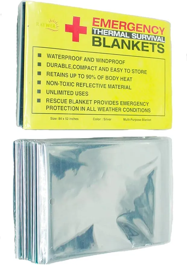 Rawyer (10 Pack) Emergency Thermal Survival Blankets, Mylar Blankets for Outdoor, Camping, Hiking, Survival in Harsh Weather, Large Silver Thermal Sheets, Heavy Duty Survival Gear (10, 84x52)