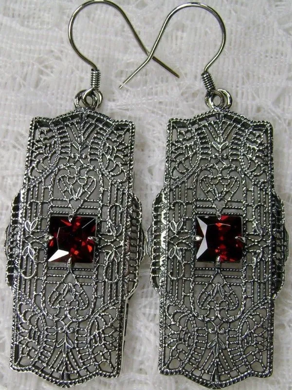 Red Garnet CZ Earrings, Sterling Silver Art Deco 1920's Jewelry #E26