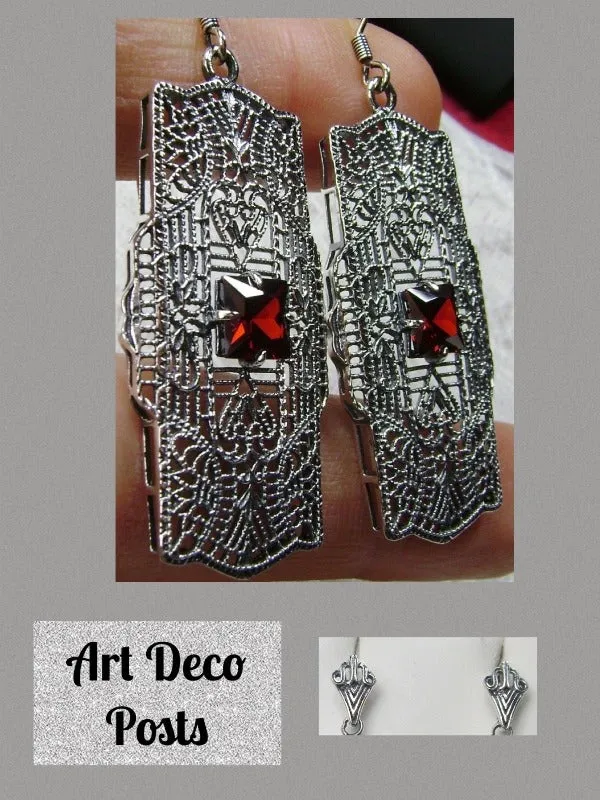 Red Garnet CZ Earrings, Sterling Silver Art Deco 1920's Jewelry #E26