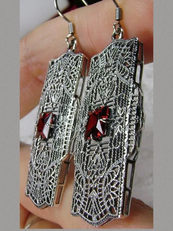 Red Garnet CZ Earrings, Sterling Silver Art Deco 1920's Jewelry #E26