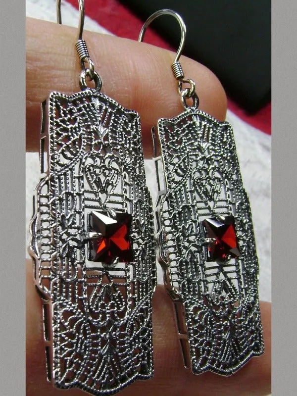 Red Garnet CZ Earrings, Sterling Silver Art Deco 1920's Jewelry #E26