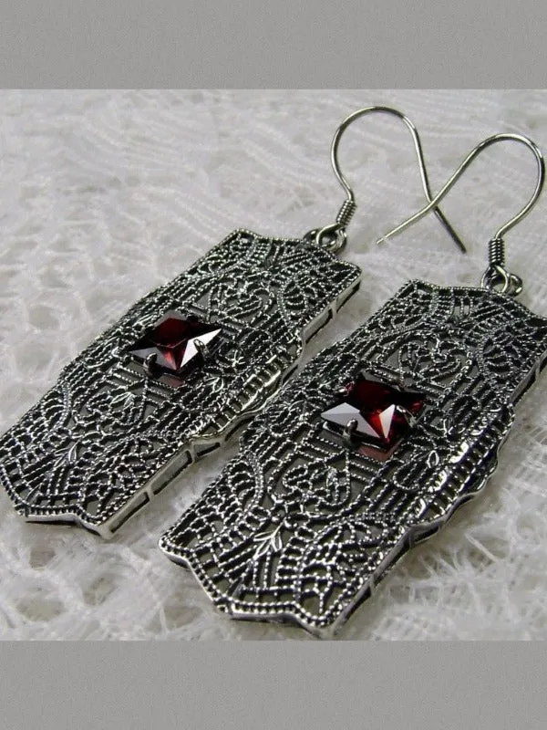 Red Garnet CZ Earrings, Sterling Silver Art Deco 1920's Jewelry #E26