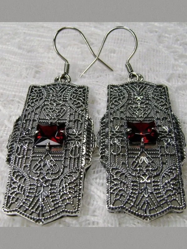 Red Garnet CZ Earrings, Sterling Silver Art Deco 1920's Jewelry #E26