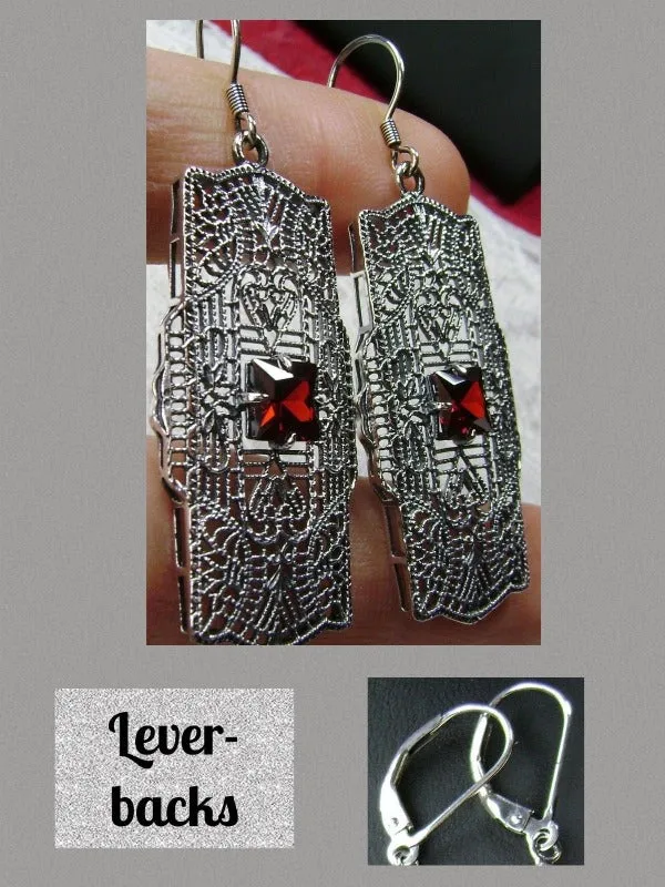 Red Garnet CZ Earrings, Sterling Silver Art Deco 1920's Jewelry #E26