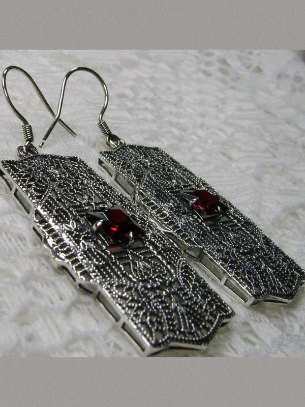 Red Garnet CZ Earrings, Sterling Silver Art Deco 1920's Jewelry #E26