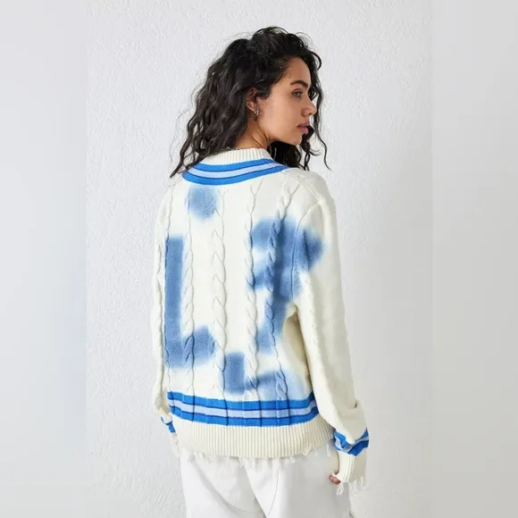 REVOLVE House of Sunny Stylish Blue and White Cable Knit Sweater