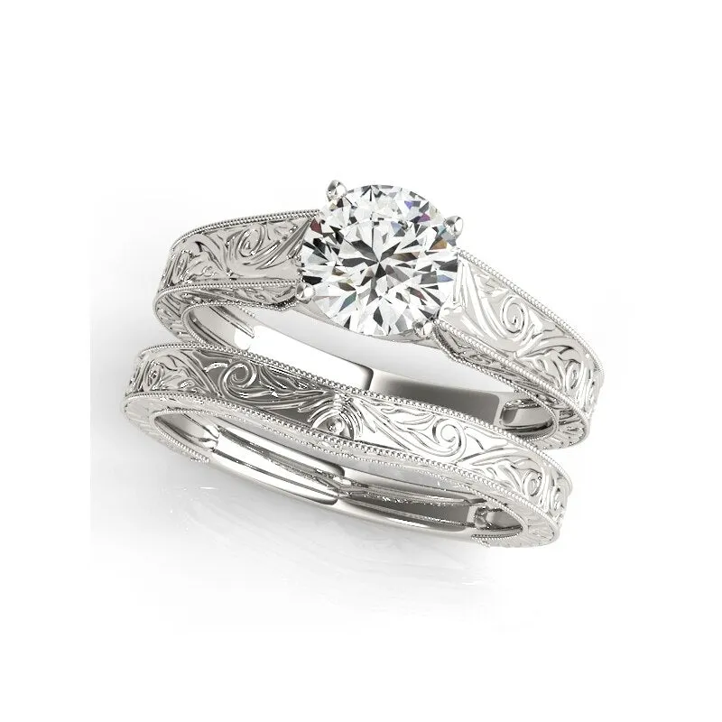 Round Cut Diamond Art Deco Engagement Ring Set