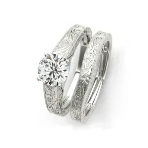 Round Cut Diamond Art Deco Engagement Ring Set