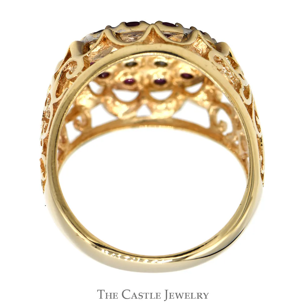 Ruby & Diamond 19 Stone Kentucky Cluster Ring with Open Filigree Sides in 10k Yellow Gold