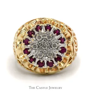Ruby & Diamond 19 Stone Kentucky Cluster Ring with Open Filigree Sides in 10k Yellow Gold