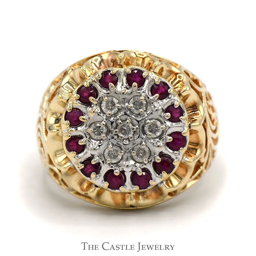 Ruby & Diamond 19 Stone Kentucky Cluster Ring with Open Filigree Sides in 10k Yellow Gold