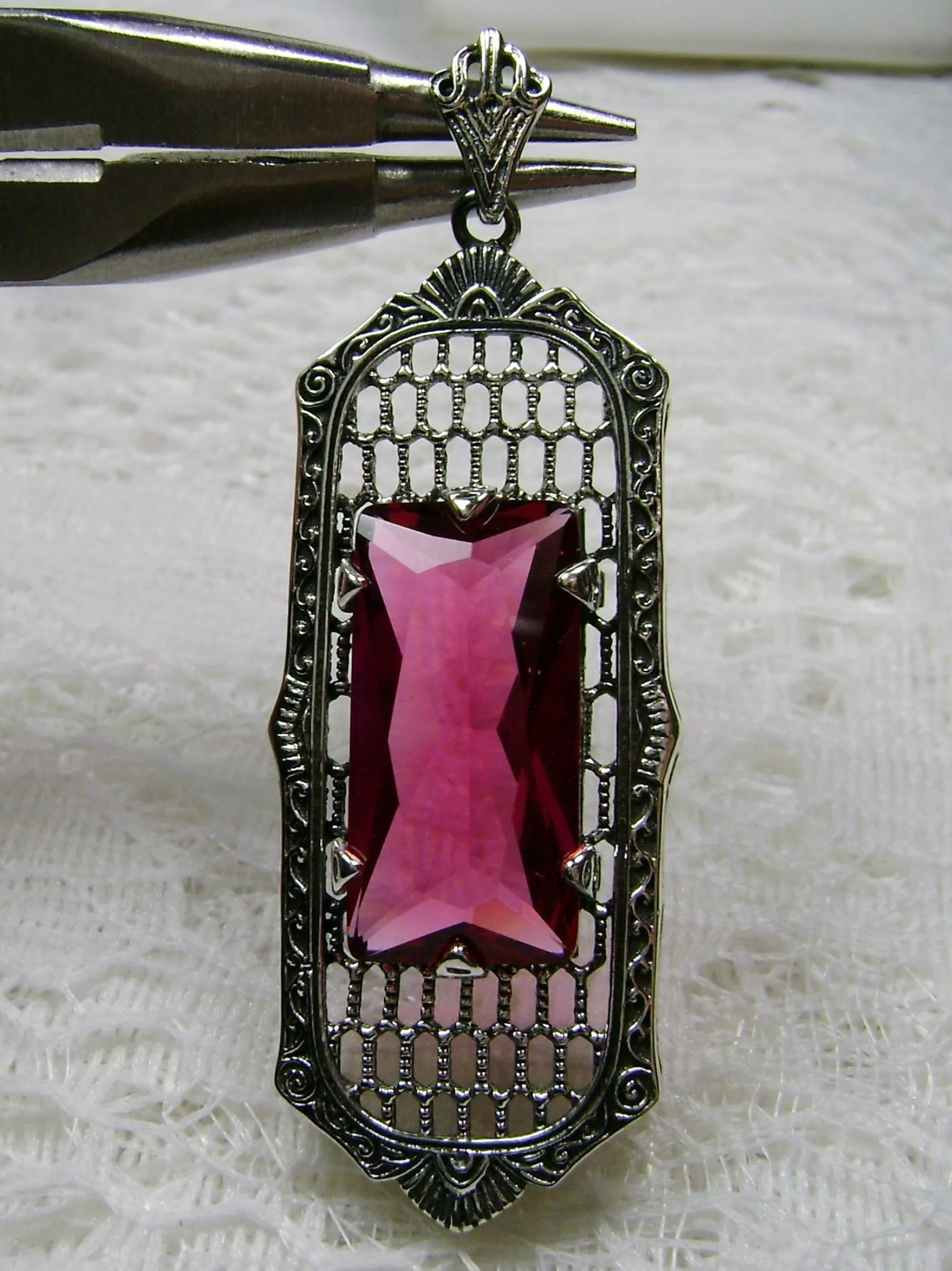 Ruby Necklace, Art Deco Pendant, Baguette Gem, 1930s Reproduction Jewelry, Baguette P16