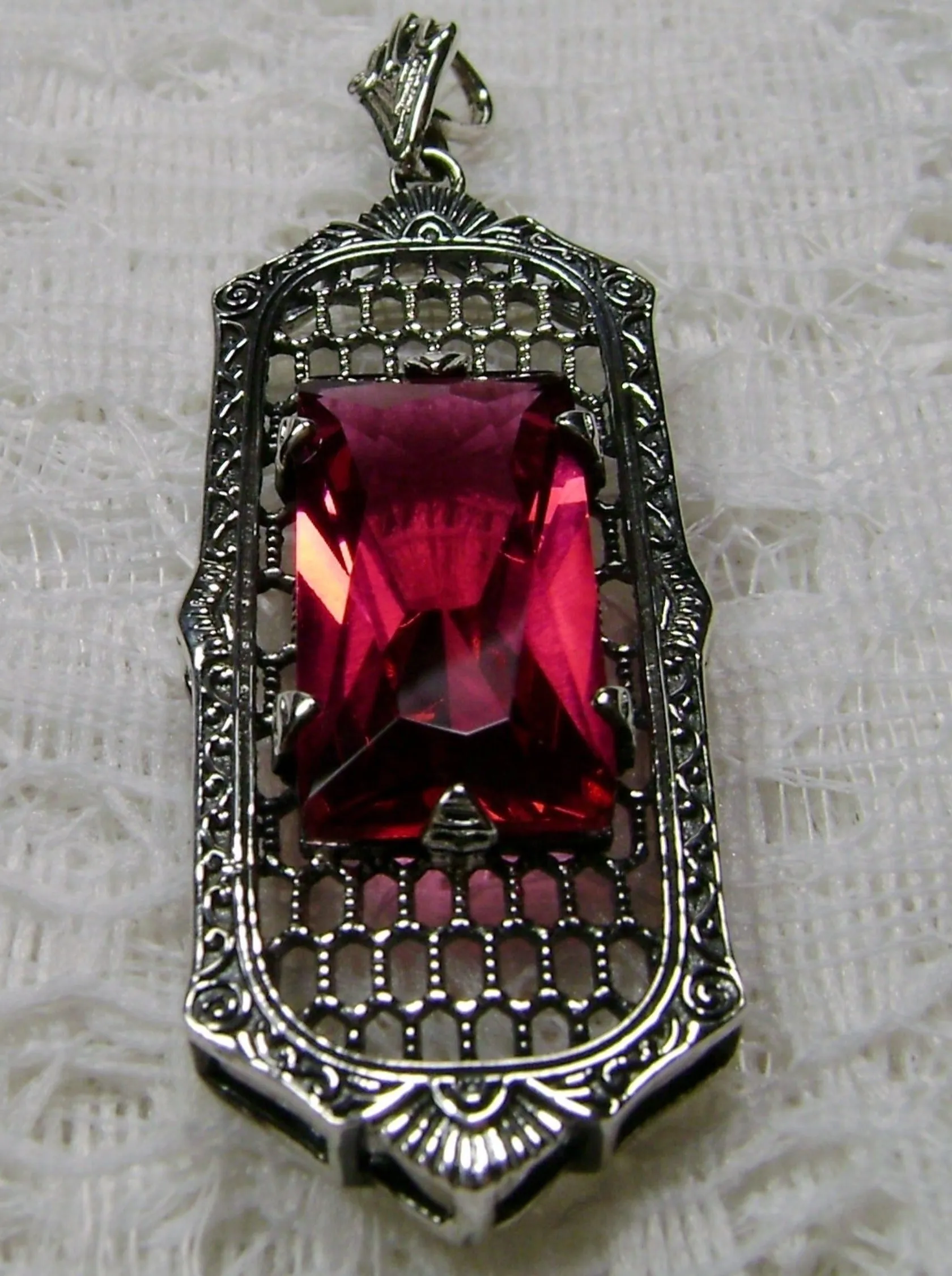 Ruby Necklace, Art Deco Pendant, Baguette Gem, 1930s Reproduction Jewelry, Baguette P16